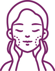 A woman with a towel on her head is performing her skincare routine, isolated on a white background, with various cosmetic products.