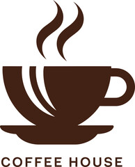 Simple coffee cup logo for a coffee house. - A stylized graphic of a coffee cup and saucer, emitting steam, set against a plain white background