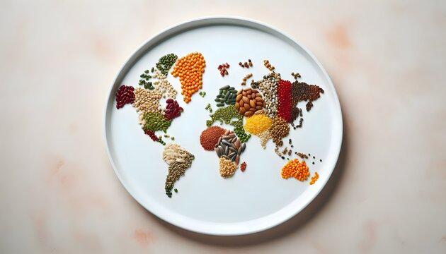 Colorful seeds and grains are arranged into a symbolic map on a round white plate for commercial food styling and international cuisine branding.