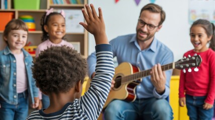 Male music teacher engages diverse children in classroom guitar lesson