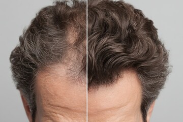 Fototapeta premium Comparison of hair loss treatment, showcasing before and after results on a man's head