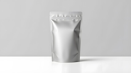Product Packaging Mockup: A sleek, modern silver pouch, a versatile packaging option, perfect for showcasing product branding. Its clean design and simple composition.