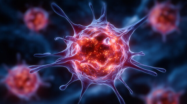 glowing red and purple tones against a blue biological background cancer cell, 3d render, microscopic view, oncology concept, tumor structure, red cell, blue background, cellular b