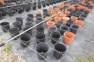 Empty flower pots sitting on metal racks in plant nursery