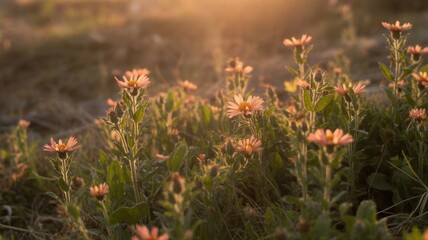 Obraz premium Warm sunset illuminating wildflowers in a tranquil meadow landscape