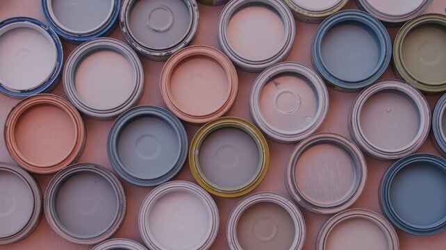 Array of open paint cans displaying diverse pastel and earth tone colors in circular arrangement