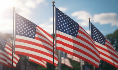 American flags waving in sunlight patriotic image for various uses