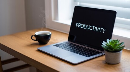 Laptop with productivity text on screen beside coffee and plant on wooden desk