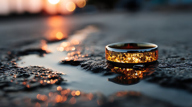 Lost wedding ring on wet pavement reflecting sunset light