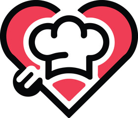 A heart-shaped design representing love for cooking. - A simple, colorful graphic of a chef's hat inside a heart shape, accented with a stylized fork