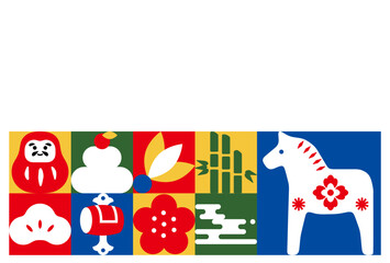 New Year's Cards-10　2026年、年賀状 午（うま・馬）の干支イラスト。 令和8年、年賀状テンプレート。和モダンなデザインの年賀状。