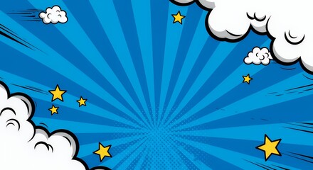 Dynamic Comic Book Style Background with Stars and Clouds:  A Vibrant Blue Pop Art Design