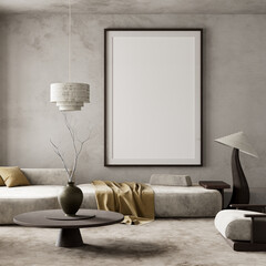 Minimal and earthy living room interior design. 3D illustration