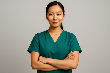 A Professional And Confident Young Asian Woman In Green Scrubs And A Ponytail Stands With Arms Crossed Against A Plain Background, Healthcare Professional, Medical Portrait