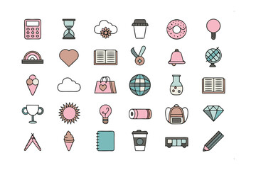Iconic Assortment: A delightful collection of various icons for education, food, office, school and other topics. 