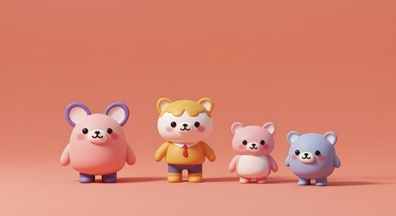 Fototapeta premium 3d cute cartoon, cartoon characters in soft colors against a vivid coral background under high noon, subject positioned at the top with clear copy space at the bottom, creating a cheerful atmosphere.