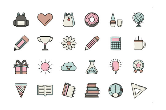 Cute Pastel Icons Collection: A delightful collection of cute pastel-colored icons depicting various objects, perfect for adding a touch of whimsy to your projects. 