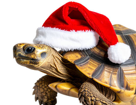 Realistic Turtle Wearing a Santa Hat, Side View Pose, isolated on transparent background