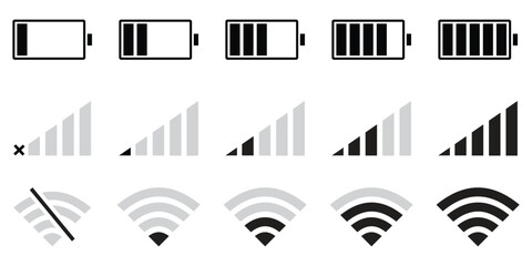 Minimal Battery, WiFi, and Mobile Network Icon Set for UI and App Interfaces – Vector Illustration