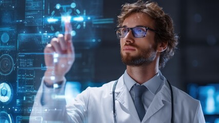 Doctor interacting with holographic display in hospital setting