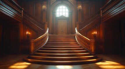 Grand wooden staircase in a luxurious hallway