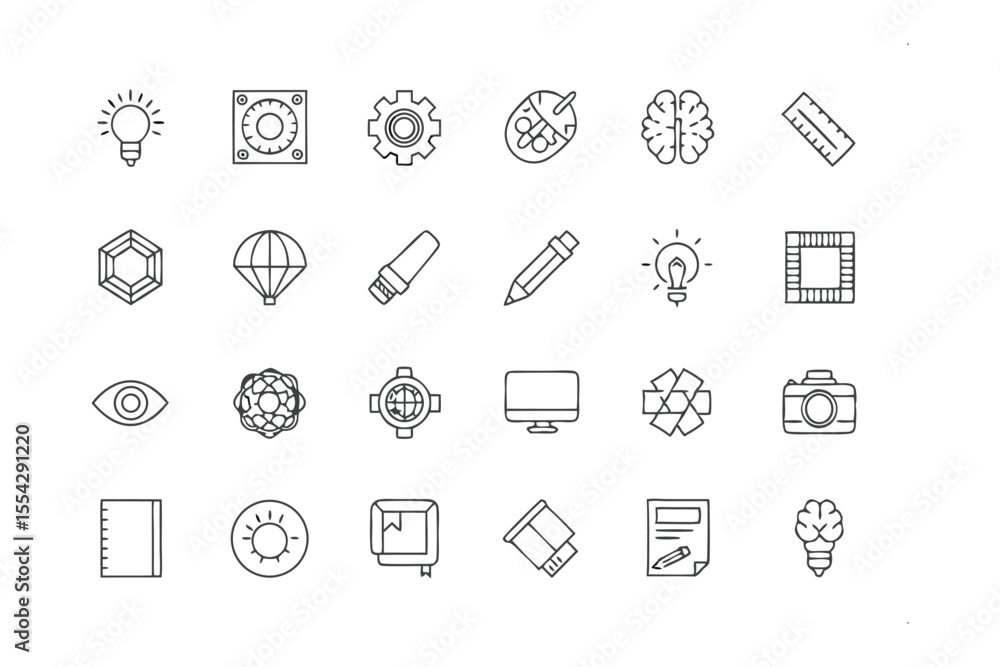 Aufkleber design thinking toolkit: set of minimal line art icons symbolizing concept of creativity, idea gener