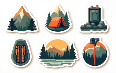 sticker outdoor adventure camping hiking gear set icon template logo. High quality