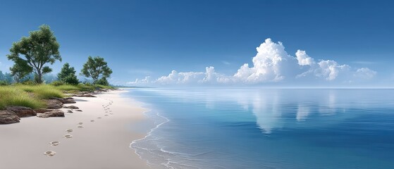 Discover the Serenity of a Dreamy Beach Scene with a Tree by the Water and Gentle Footprints Leading to the Horizon