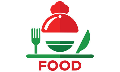 Simple and modern food logo design featuring a red chef hat over a green bowl with a fork and knife on a white background