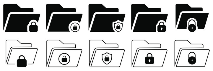 Secure Folder and File Protection Icon Set – Vector Symbols for Privacy, Lock, and Data Security in Multiple Styles
