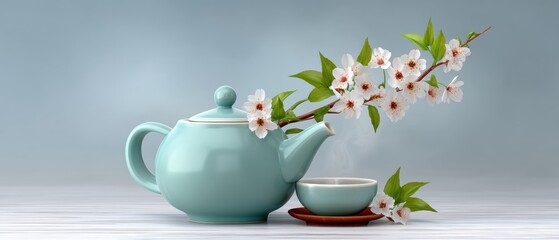 Elegant Japanese Still Life Featuring a Teapot and Cup with Cherry Blossom Accents Amidst a Serene Background