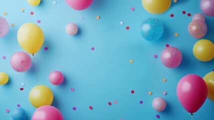 Pastel balloons and confetti on a light blue background, creating a festive frame.