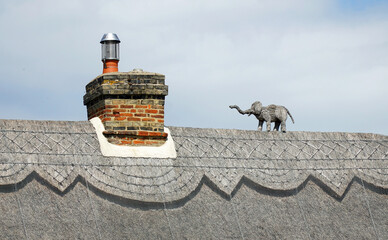 Detail of newly thatched roof with belefant detail