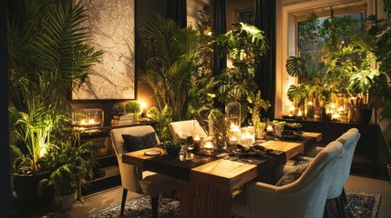 Obraz premium Cozy and stylish dining room setup with plants and reflective decor
