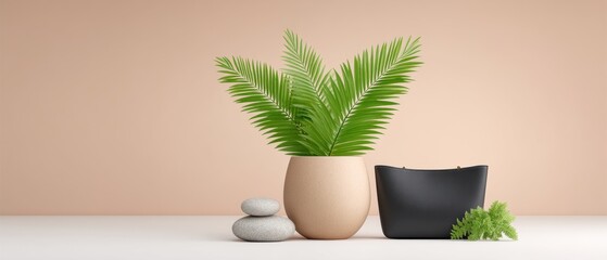 Stunning Arrangement of a Plant in a Vase Alongside a Beautiful Stone Set Against a Minimalistic Background