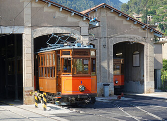 Vintage trams in engine shed Soller Mallorca