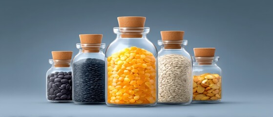 Exploring the Nutritional Greatness of Beans in Three Unique Glass Bottles on a Black Background