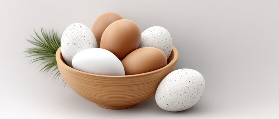 A Stunning Wooden Bowl Overflowing with Fresh Brown and White Eggs Surrounded by Lush Greenery Perfect for Your Kitchen Decor