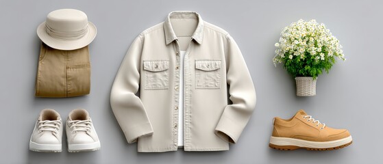Exploring Travel and Style: A Conceptual Presentation of Fashion Items in Soft Daylight with a Touch of Floral Elegance