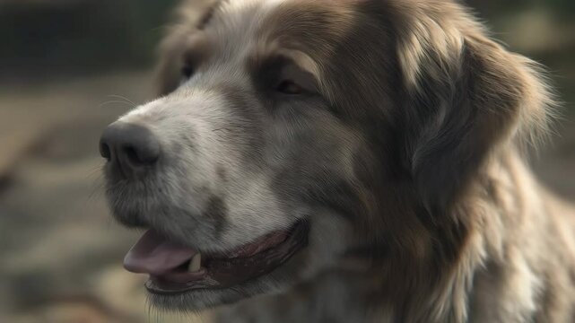 Close up of a saint bernard dog with brown and white fur looking to the left side outside calmly