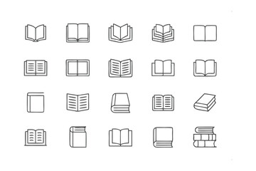 Books Icon Collection: A minimalist collection of book icons in various states of opening and closing, offering a clean and modern look for any design project.