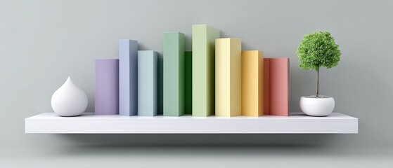 Elegant Shelf Display Featuring Books and Natural Elements in a Beautiful Gradient of Pastel Wooden Panels