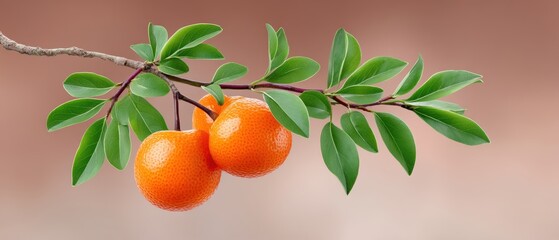 A Vibrant Display of Freshness and Nature's Beauty with Two Orange Fruits on a Branch for Creative Graphic Resources