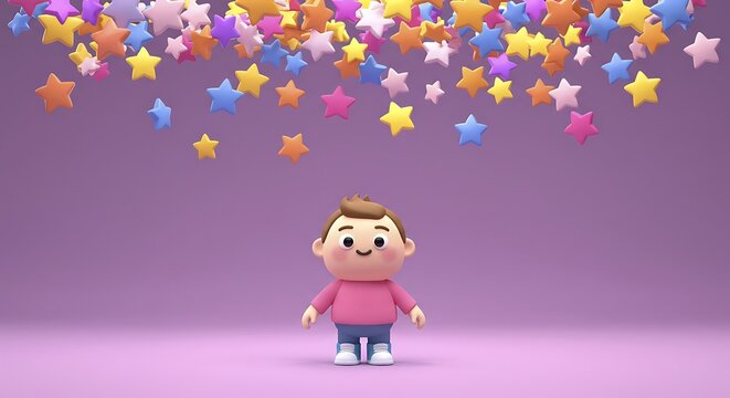 3d cute cartoon, vibrant, playful stars in bright colors cascading from the top, creating a cheerful feeling, subject placed at the bottom with clear copy space at the top for text or placement.