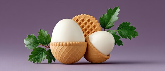 Three Delightfully White Eggs Nestled in a Soft Waffle - A Whimsical Top Down Graphic Layout