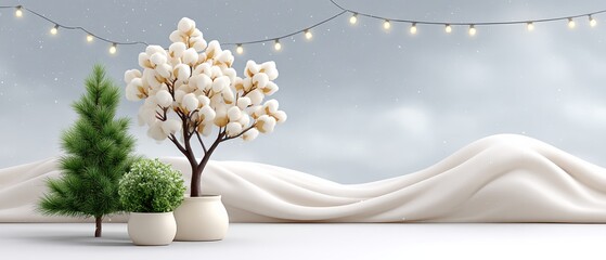 A Beautiful Winter Holiday Scene Featuring a White Vase with a Plant and a Christmas Tree Adorned with Glowing String Lights