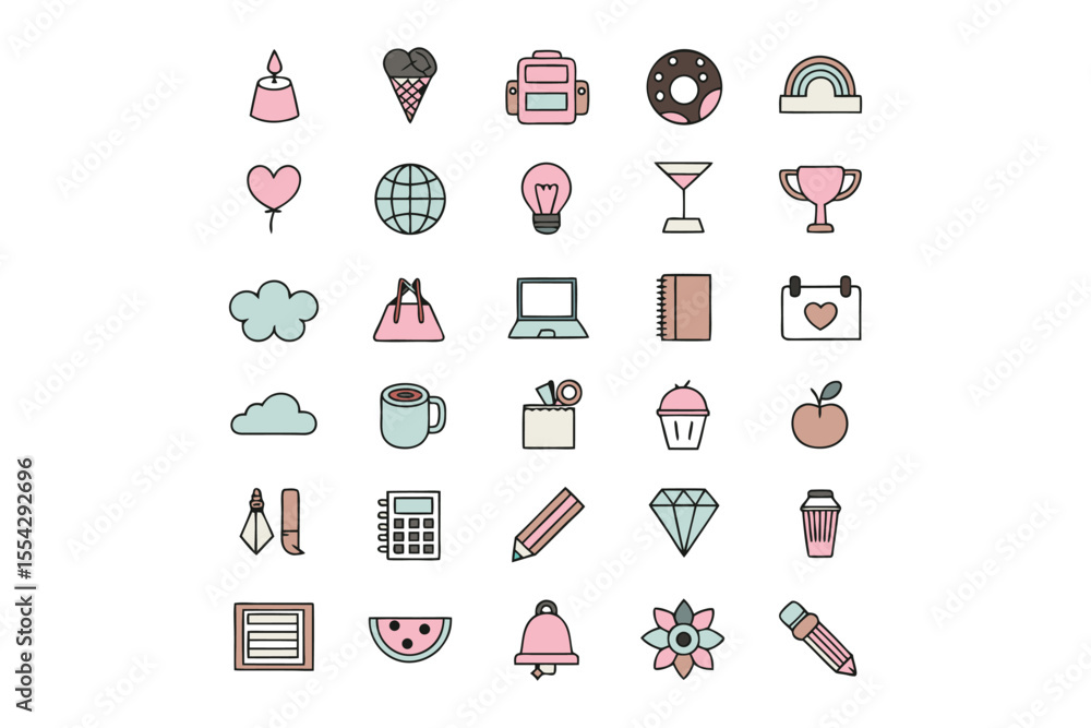 Poster pastel cute icons collection: a delightful collection of pastel-colored cute icons, perfect for addi