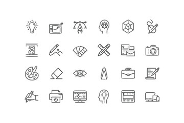 Graphic Design Icon Set: A comprehensive collection of minimalist line icons representing various graphic design tools, concepts, and processes.