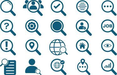 Search and Magnifying Glass Icon Set – Vector Symbols for SEO, Research, and Investigation