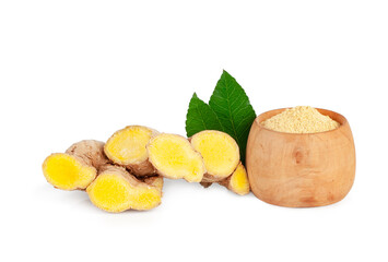 Ginger powder and ginger root isolated on a white background